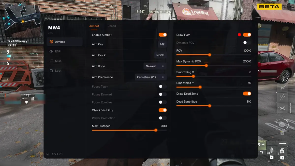 MW4 aimbot settings showing FOV, smoothing, aim bone, visibility check and maximum distance controls