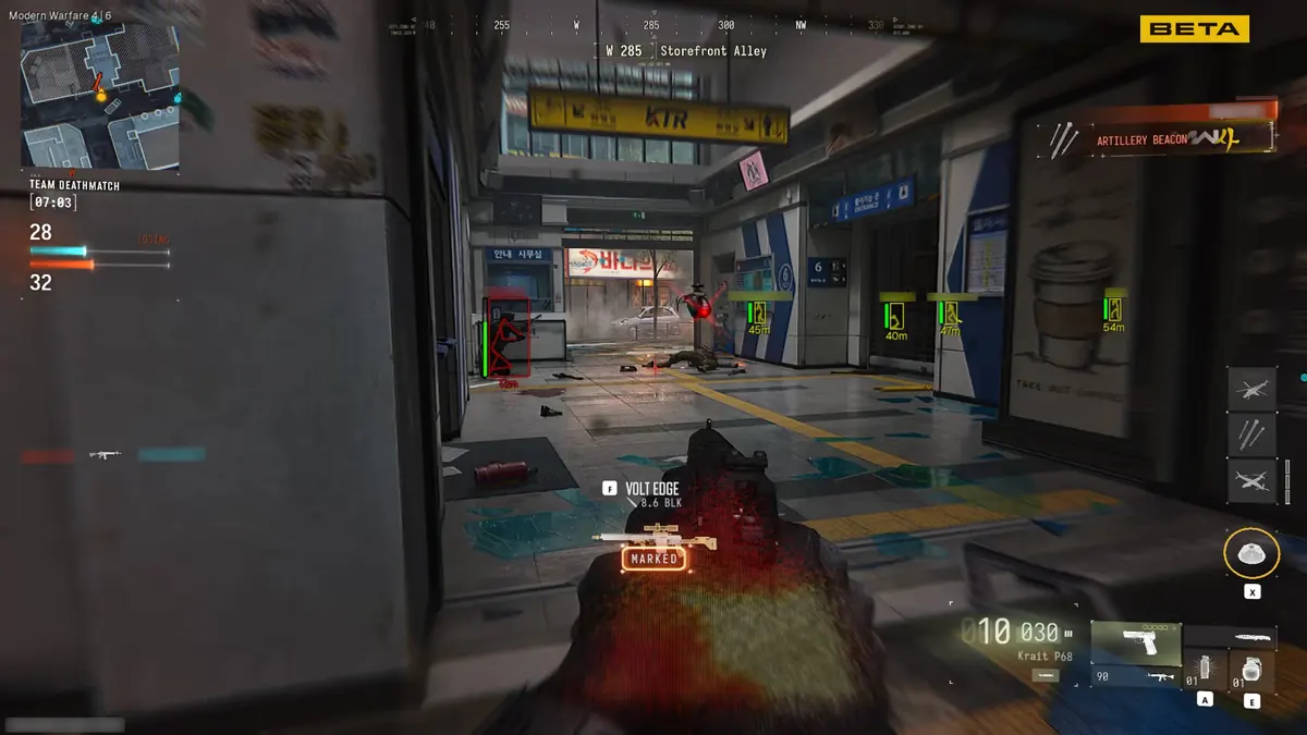 MW4 gameplay screenshot showing enemy and object ESP markers with distance indicators during the beta
